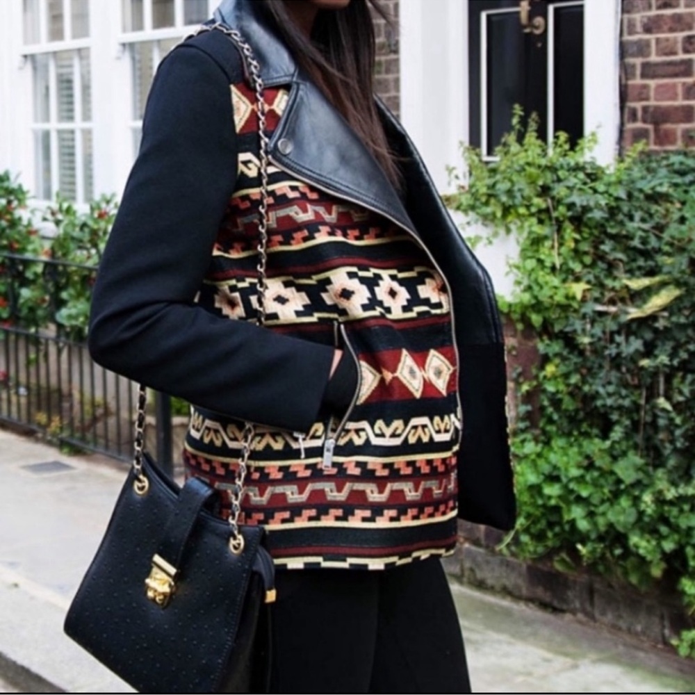NWOT Zara Embroidered Aztec Tribal Moto Leather Trim Jacquard Jacket Size Medium - Picture 6 of 16
